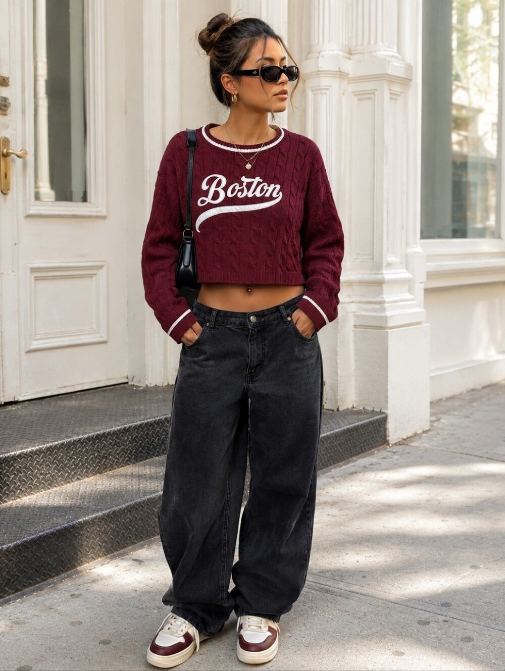 Crop Cable Knit Boston Oversized Preppy College Sweater S